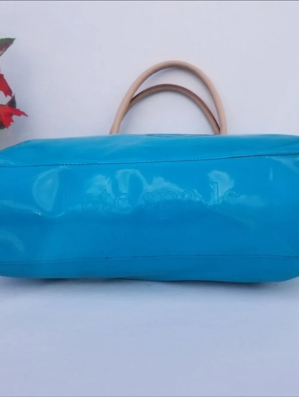 Kate Spade Turquoise Patent Tote Bag Beige Handles Fair Condition